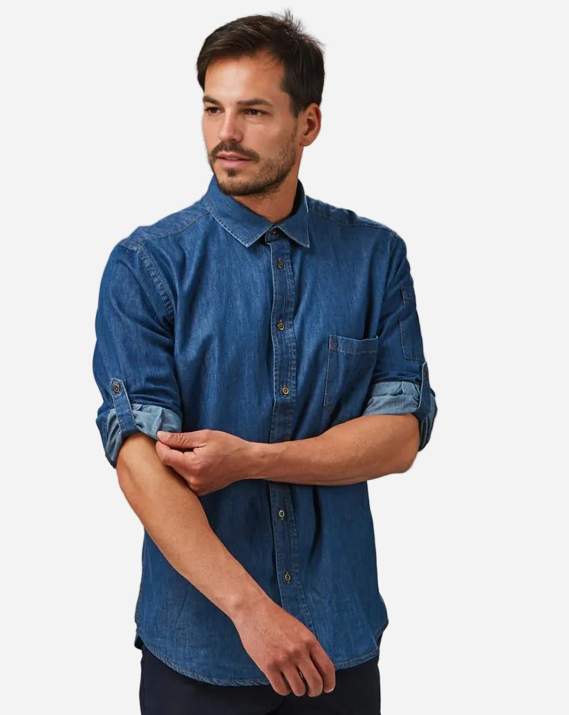 Camicia uomo in denim con manica risvoltabile allacciatura centrale con bottoni