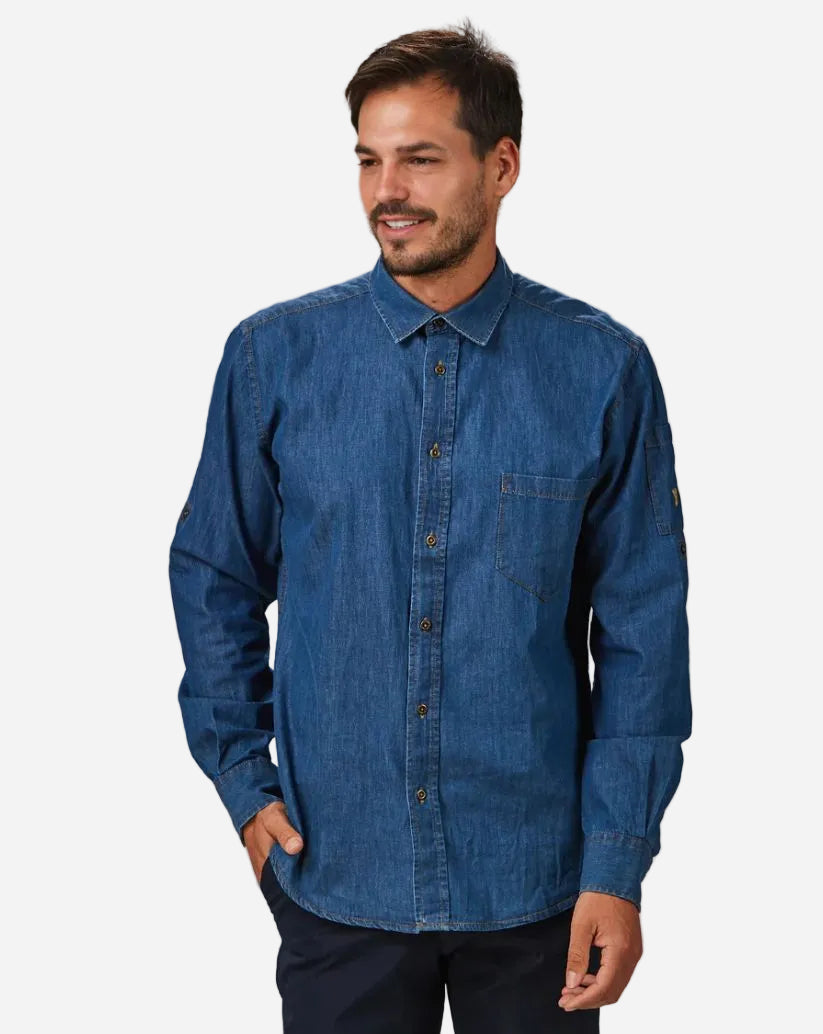 Camicia uomo in denim con manica risvoltabile allacciatura centrale con bottoni