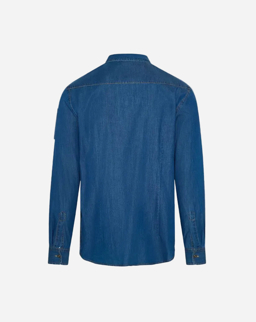 Camicia uomo in denim con manica risvoltabile allacciatura centrale con bottoni