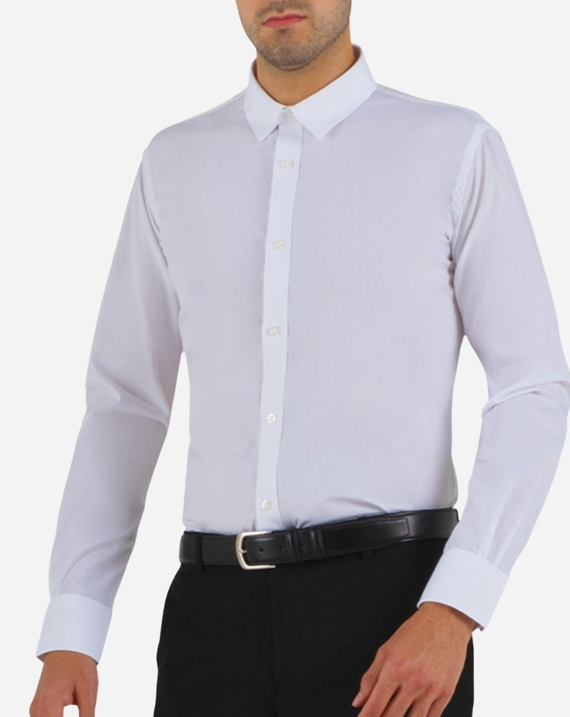 Camicia uomo bianca in poli-cotone con chiusura a bottoni tono su tono, collo italiano rigido e maniche lunghe.