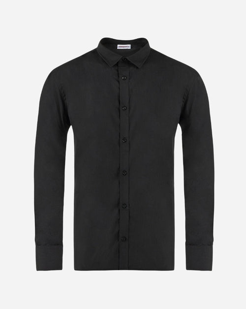 Camicia uomo nera in poli-cotone con chiusura a bottoni tono su tono, collo italiano rigido e maniche lunghe.