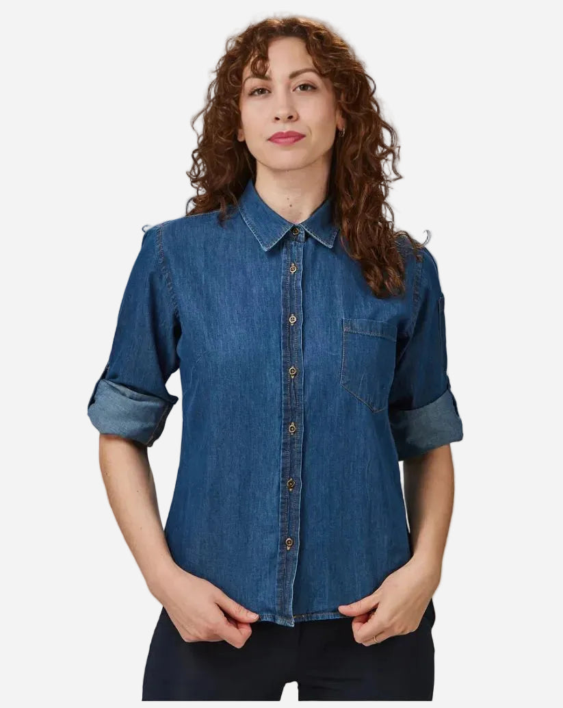 Camicia donna in denim con allacciatura centrale con bottoni