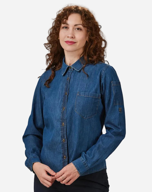 Camicia donna in denim con allacciatura centrale con bottoni