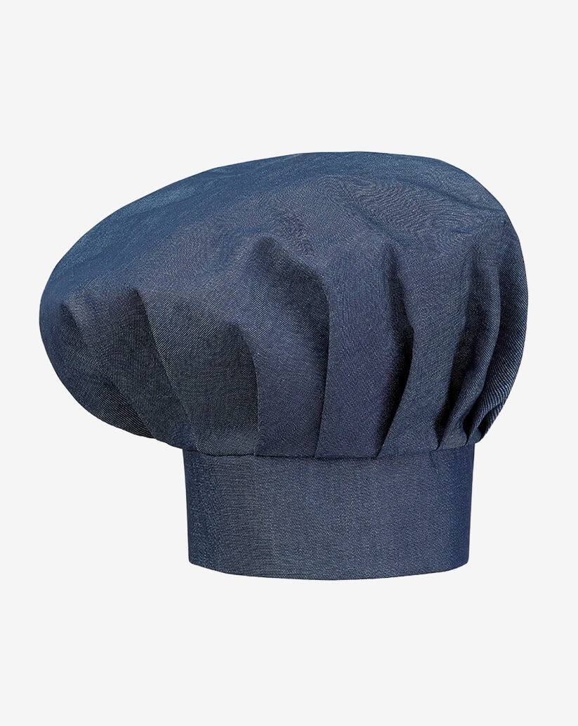 Cappello da cuoco color jeans con fascia piatta regolabile tramite velcro e parte superiore a sbuffo.