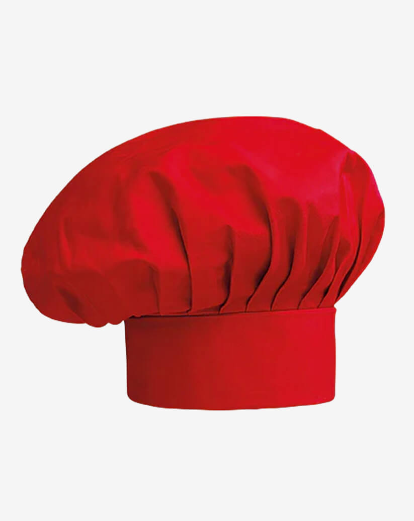 Cappello da cuoco rosso in misto cotone, fascia piatta regolabile con velcro e parte superiore a sbuffo.
