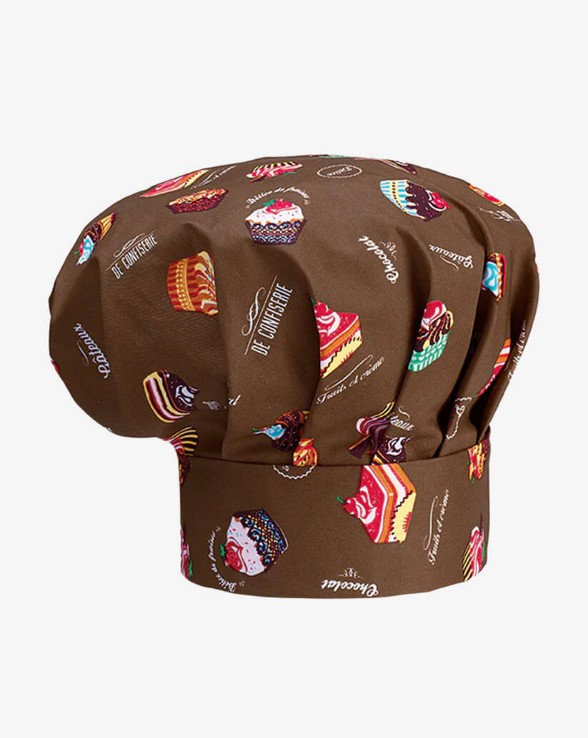 Cappello da cuoco marrone in misto cotone con fantasia multicolore a tema pasticceria e cupcake, fascia piatta regolabile con velcro e parte superiore a sbuffo