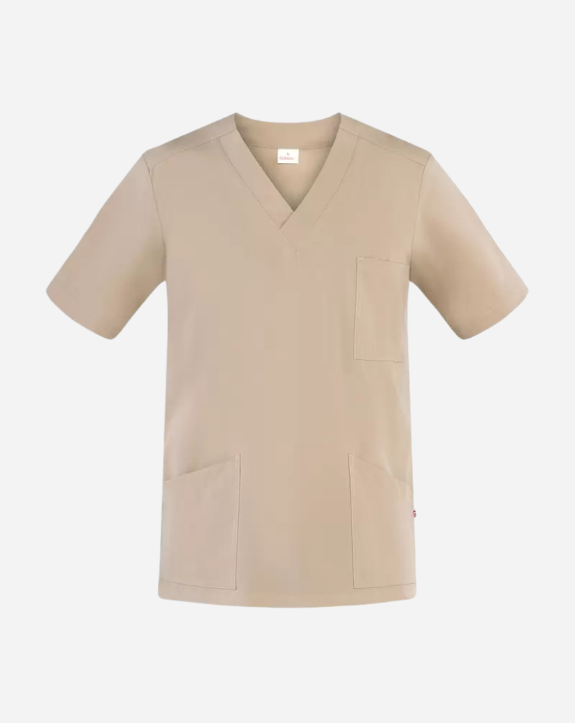 Casacca uomo beige in poliestere con scollo a V, maniche corte, tre tasche frontali e spacchi laterali.