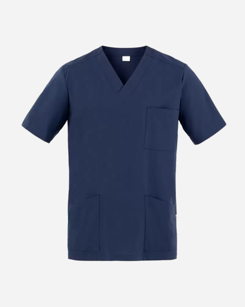 Casacca uomo blu  in poliestere con scollo a V, maniche corte, tre tasche frontali e spacchi laterali.