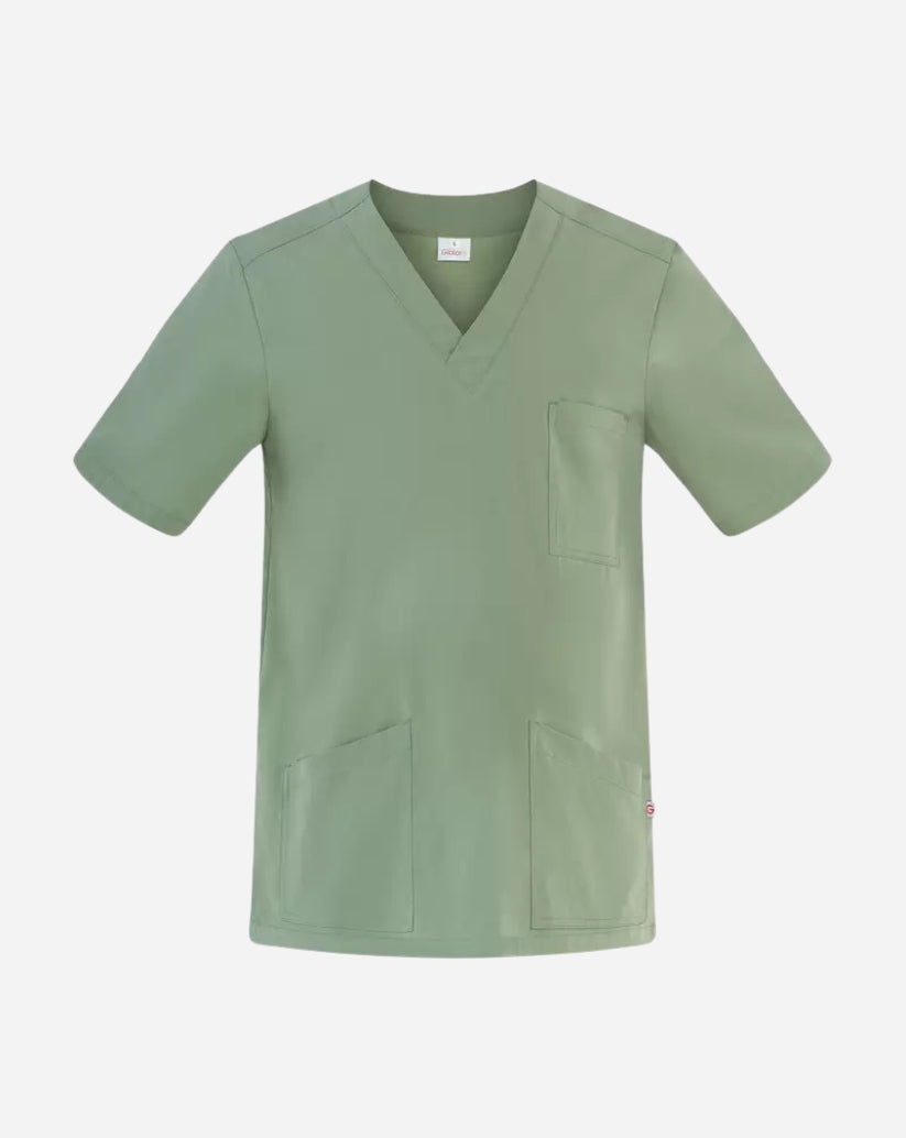 Casacca uomo salvia in poliestere con scollo a V, maniche corte, tre tasche frontali e spacchi laterali.