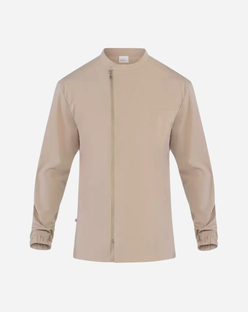Casacca uomo beige in poliestere con collo alla coreana, zip centrale, maniche lunghe e taschino sul petto.