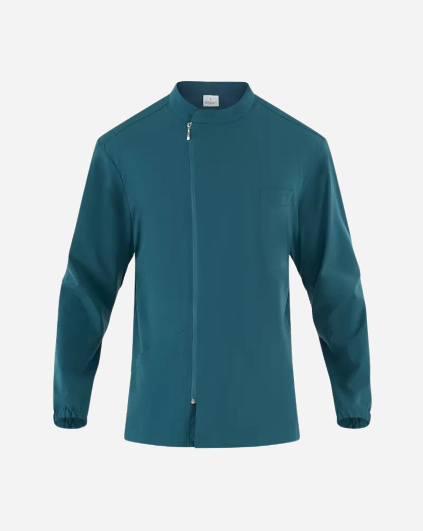 Casacca uomo ottanio in poliestere con collo alla coreana, zip centrale, maniche lunghe e taschino sul petto.