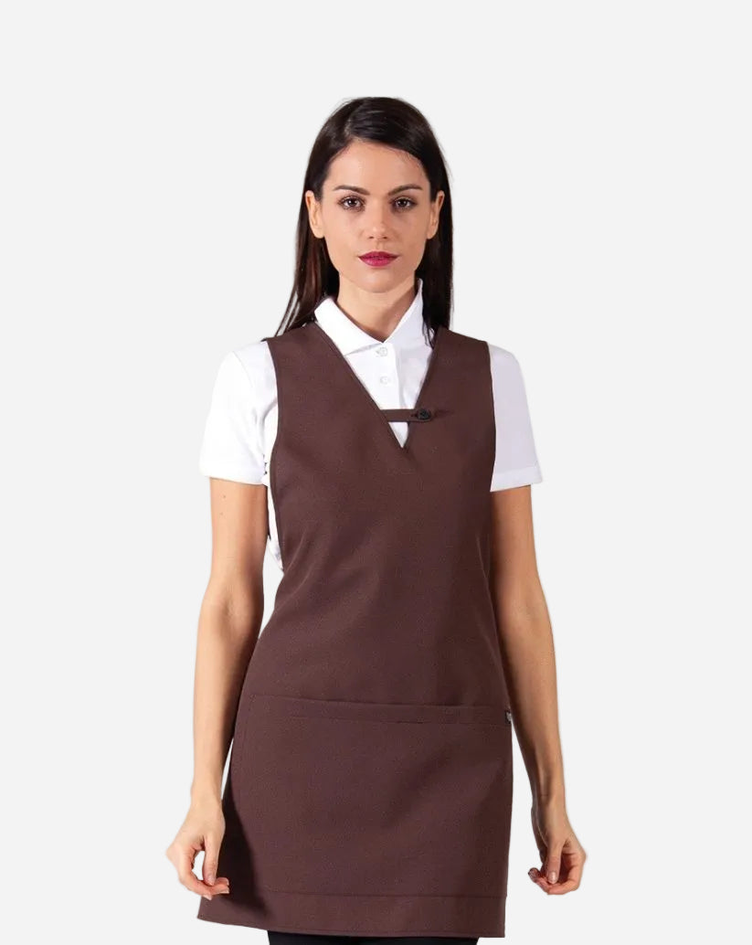 Copriabito donna marrone taglia unica  con schiena coperta, scollo a “v”  e tasca  centrale.
