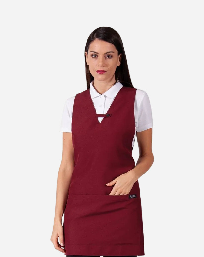 Copriabito donna bordeaux taglia unica  con schiena coperta, scollo a “v”  e tasca  centrale.
