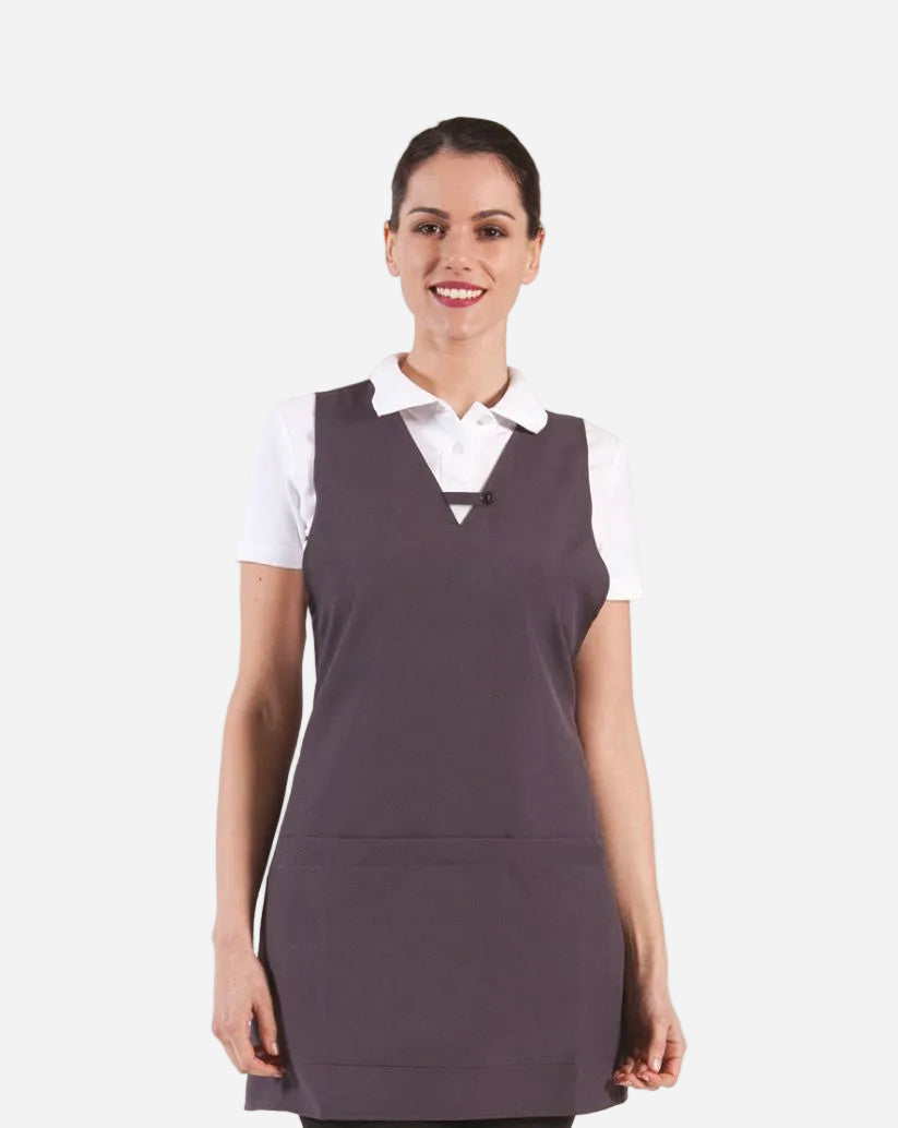 Copriabito donna grigio taglia unica  con schiena coperta, scollo a “v”  e tasca  centrale.
