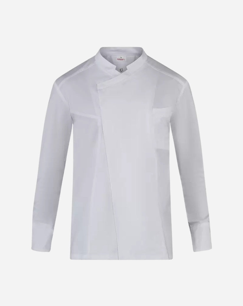 Giacca uomo bianca in Tencel™ elasticizzato con collo alla coreana, abbottonatura nascosta, maniche lunghe e taschino sul petto.