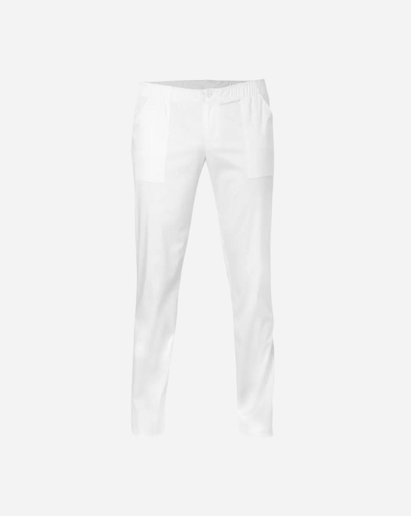 Pantalone uomo bianco in satin elasticizzato con elastico in vita, coulisse, cerniera e bottone , linea slim fit.