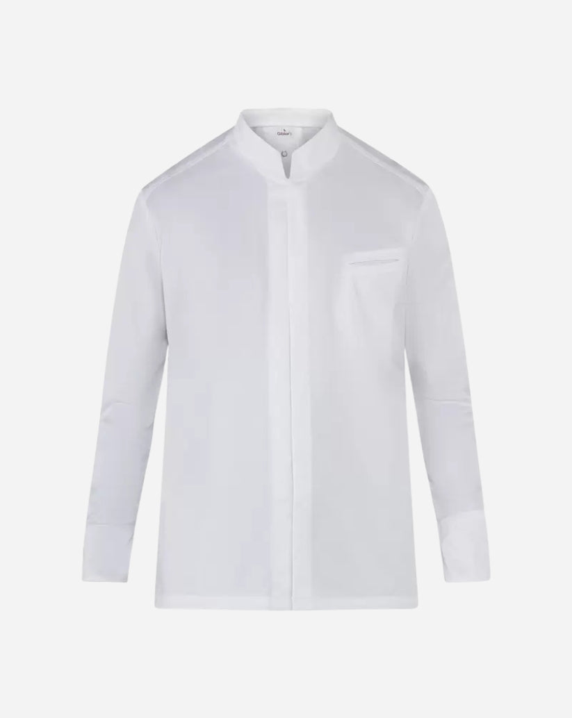 Giacca uomo bianca in Tencel™ elasticizzato con collo alla coreana, abbottonatura nascosta, maniche lunghe e taschino a doppio filetto.