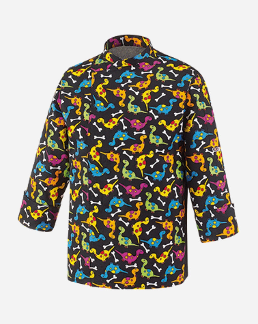 Giacca cuoco fantasia dinosauri unisex con allacciatura laterale con bottoni a pressione , taglio regular fit , tessuto misto cotone e poliestere 