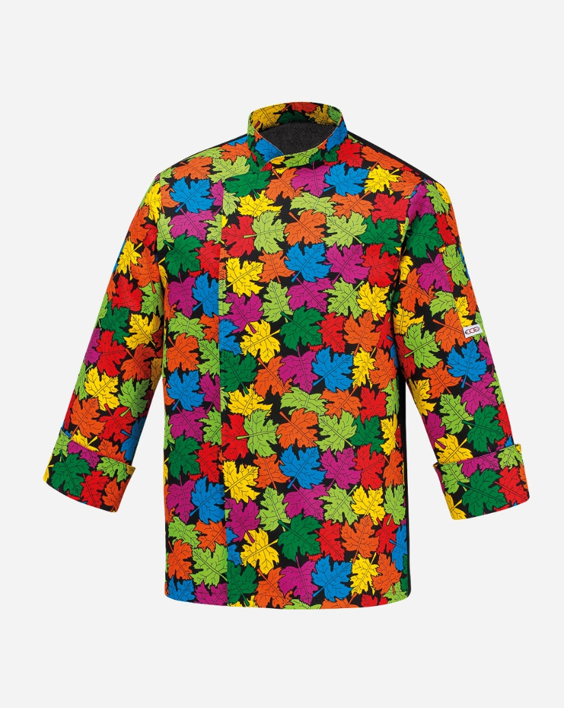 Giacca cuoco fantasia foglie colorate unisex con allacciatura laterale con bottoni a pressione , taglio regular fit , tessuto misto cotone e poliestere 