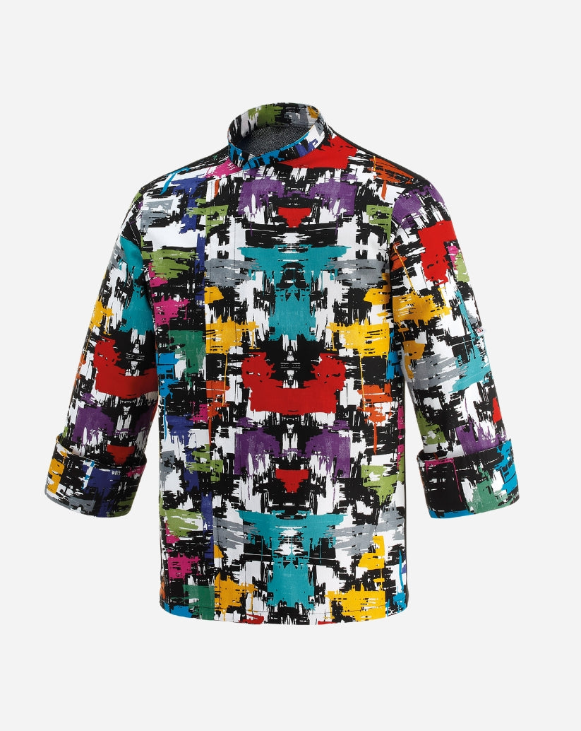 Giacca cuoco fantasia graphic unisex con allacciatura laterale con bottoni a pressione , taglio regular fit , tessuto misto cotone e poliestere 
