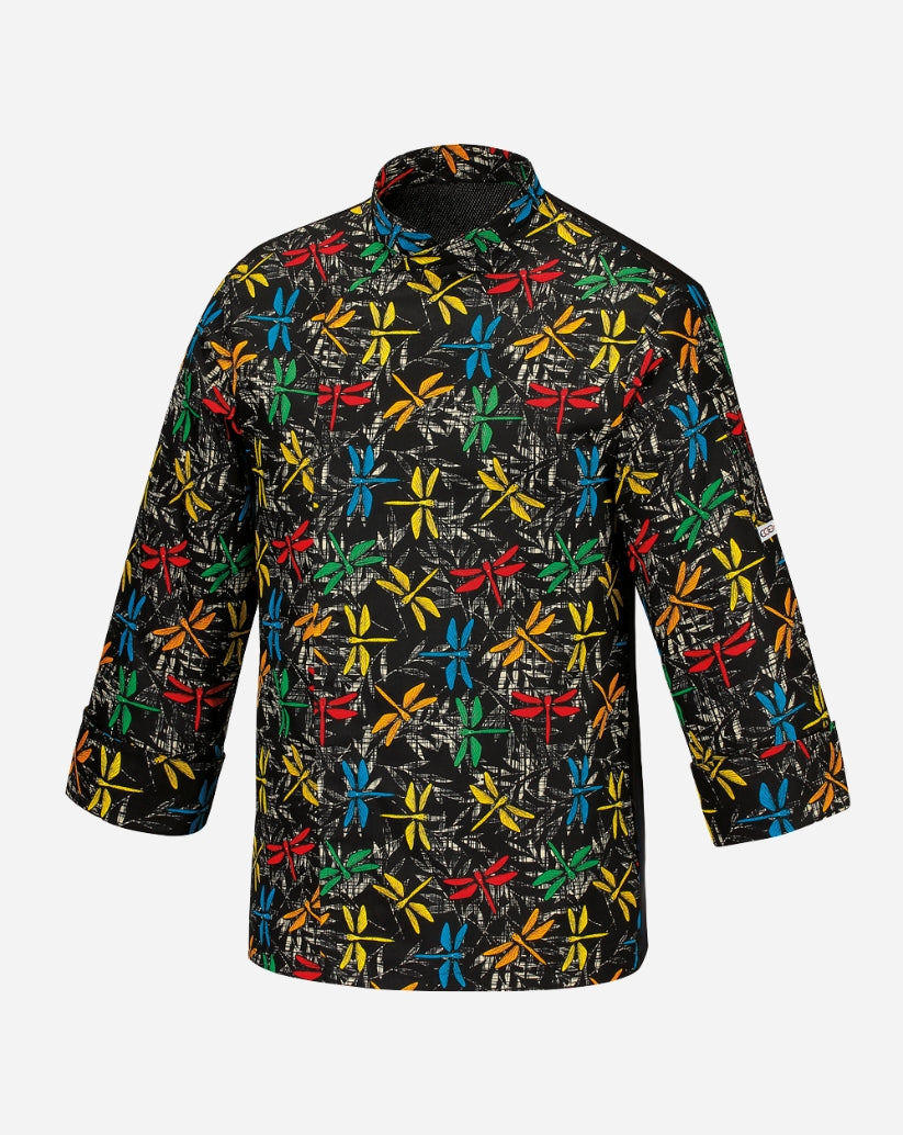 Giacca cuoco fantasia libellule unisex con allacciatura laterale con bottoni a pressione , taglio regular fit , tessuto misto cotone e poliestere 