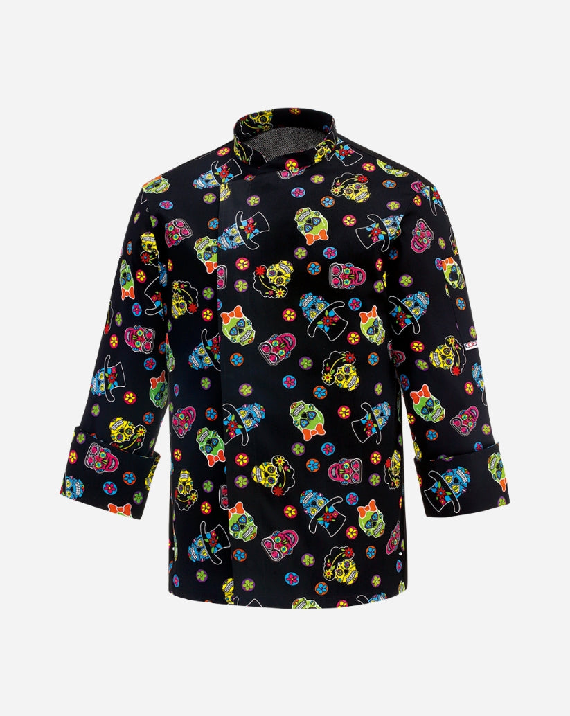 Giacca cuoco fantasia teschi messicani unisex con allacciatura laterale con bottoni a pressione , taglio regular fit , tessuto misto cotone e poliestere 