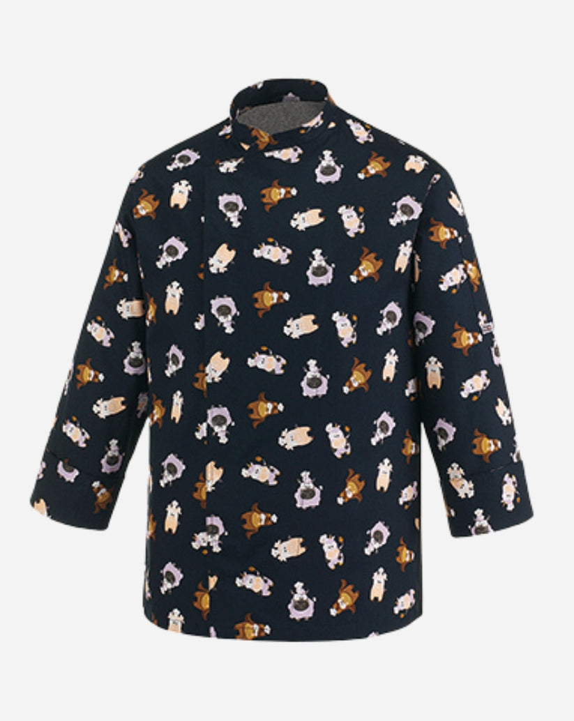 Giacca cuoco fantasia animali unisex con allacciatura laterale con bottoni a pressione , taglio regular fit , tessuto misto cotone e poliestere 