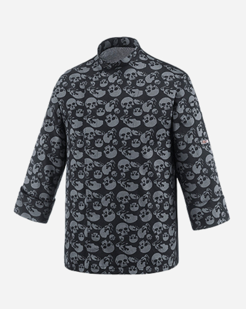 Giacca cuoco fantasia teschi unisex con allacciatura laterale con bottoni a pressione , taglio regular fit , tessuto misto cotone e poliestere 