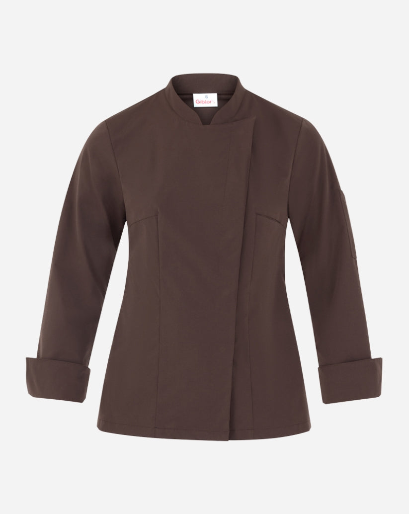 Giacca donna marrone in poliestere con scollo alla coreana, abbottonatura nascosta, maniche lunghe e taschino sul petto.