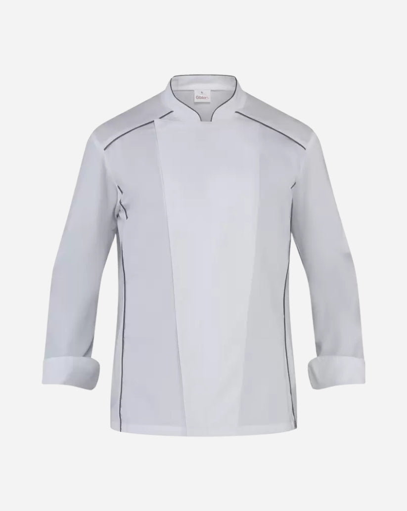 Giacca uomo bianca in poliestere e cotone con collo alla coreana, abbottonatura nascosta, maniche lunghe e profili grigi.