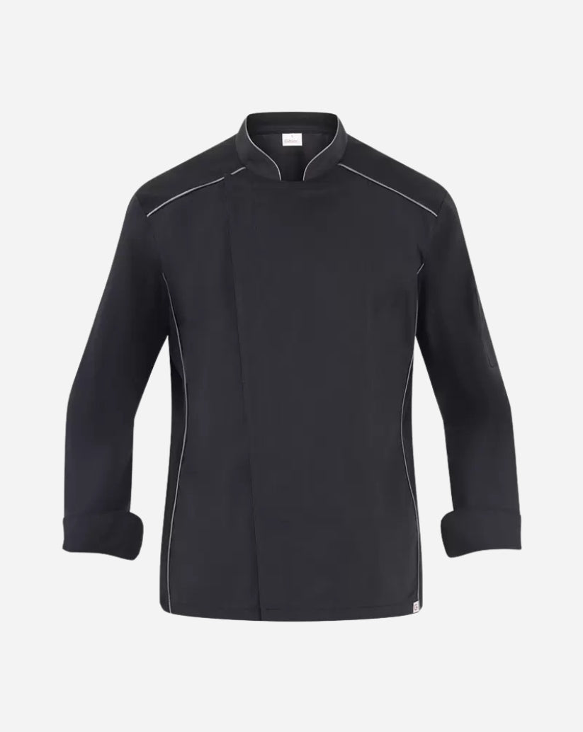 Giacca uomo nera in poliestere e cotone con collo alla coreana, abbottonatura nascosta, maniche lunghe e profili grigi.