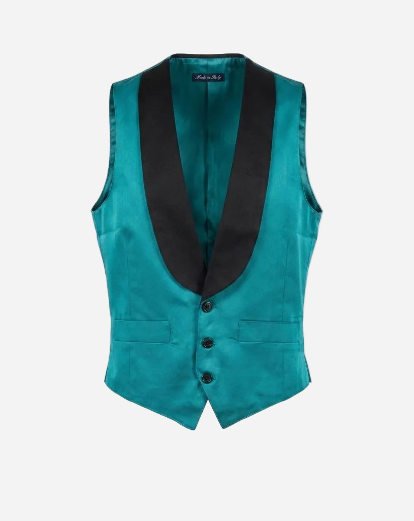 Gilet verde smeraldo con collo a contrasto nero; ed allacciatura centrale con bottoni in contrasto neri, fodera interna, tessuto stiro facile