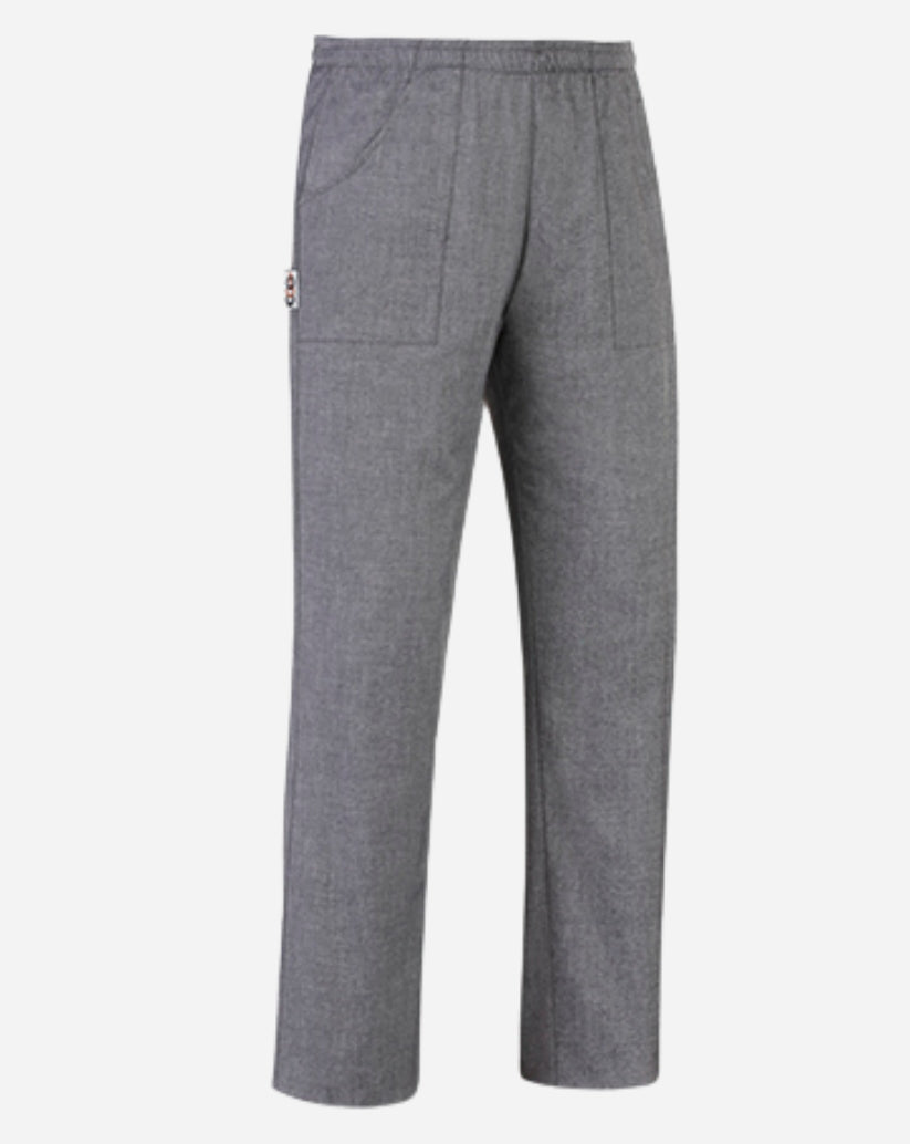 Pantalone unisex grigio melange in misto cotone e poliestere con elastico in vita, tre tasche e cordino interno.