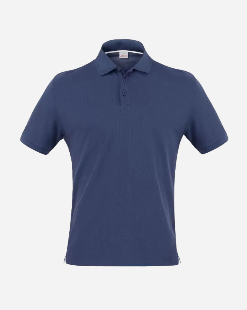 
Polo da uomo blu in tessuto Tactel con chiusura a due bottoni, colletto classico e maniche corte.