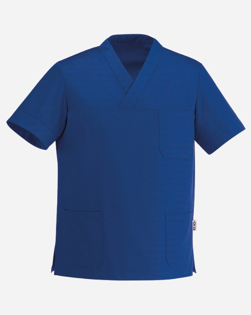 Casacca unisex bluette in cotone  e poliestere con scollo a V, tre tasche anteriori e maniche corte.