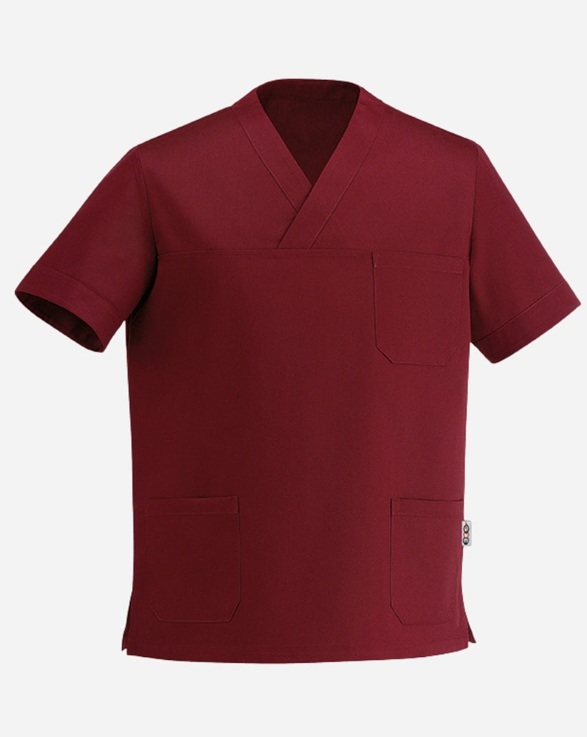 Casacca unisex bordeaux  in cotone  e poliestere con scollo a V, tre tasche anteriori e maniche corte.