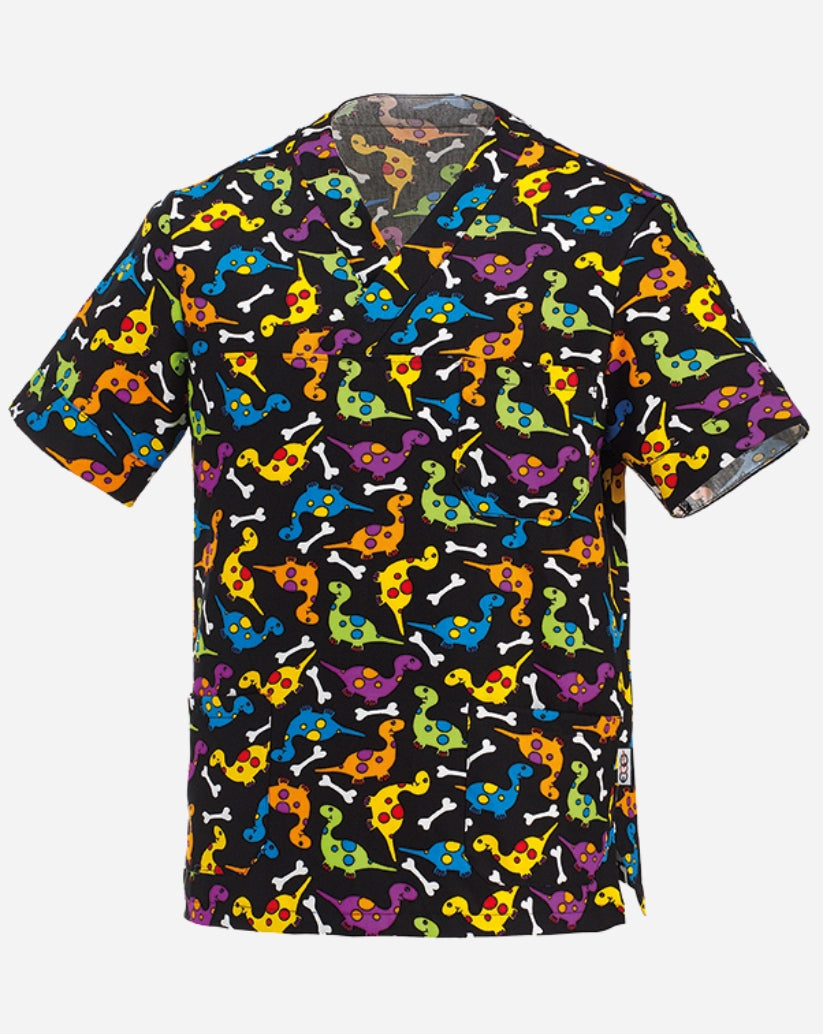 Casacca unisex con scollo a V in misto cotone nero, caratterizzata da una vivace fantasia multicolore con dinosauri stilizzati e piccoli ossi bianchi, dotata di taschino sul petto e due ampie tasche inferiori.