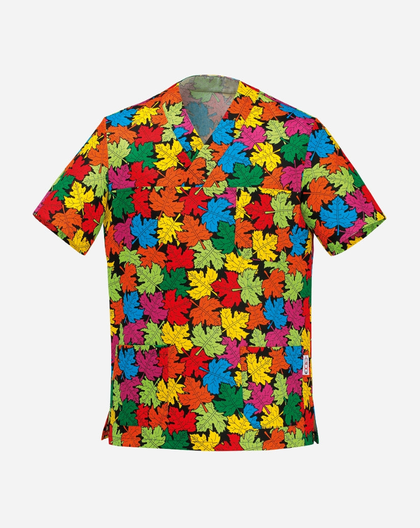 Casacca unisex con scollo a V in misto cotone, caratterizzata da una fitta fantasia multicolore di foglie d'acero stilizzate in tonalità rosso, arancione, giallo, verde e blu su fondo nero, dotata di taschino sul petto e due ampie tasche inferiori.