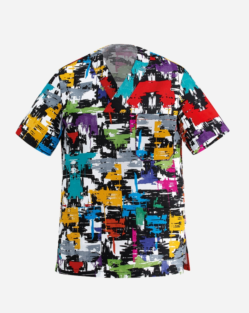 Casacca unisex con scollo a V in misto cotone, caratterizzata da una vivace fantasia astratta multicolore con pennellate grafiche nei toni del rosso, giallo, verde, blu e viola su fondo bianco e nero, dotata di taschino sul petto e due ampie tasche inferiori.