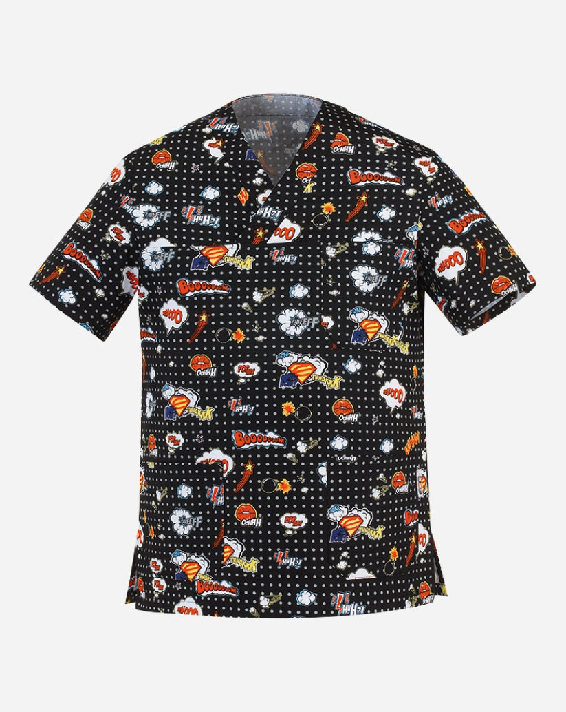 Casacca unisex con scollo a V in misto cotone nero, caratterizzata da una vivace fantasia pop art con pois grigi e icone fumettistiche multicolore, dotata di taschino sul petto e due ampie tasche inferiori.