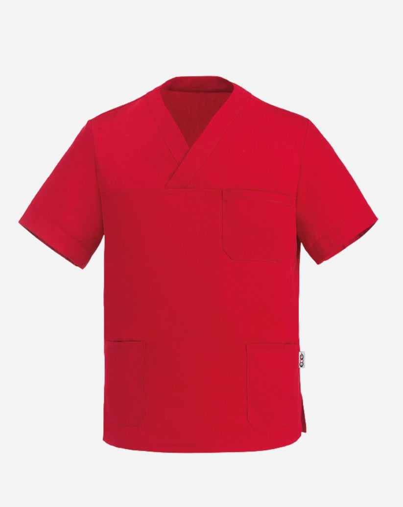 Casacca unisex rossa in cotone  e poliestere con scollo a V, tre tasche anteriori e maniche corte.