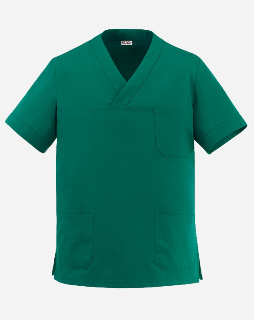 Casacca unisex verde in cotone con scollo a V, tre tasche anteriori e maniche corte.