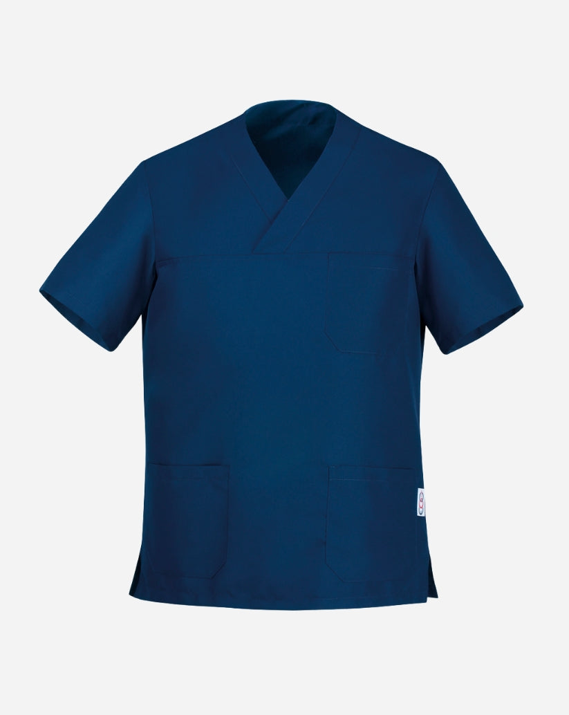 Casacca unisex blu in cotone  e poliestere con scollo a V, tre tasche anteriori e maniche corte.