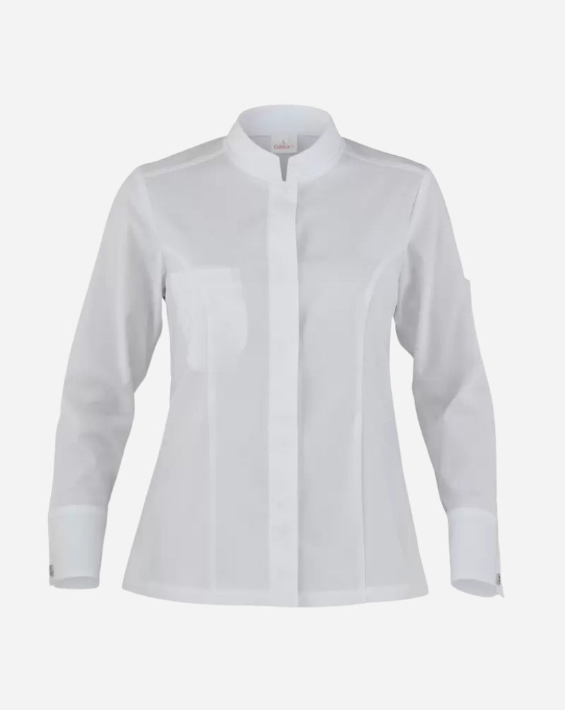 Giacca bianca donna in Tencel elasticizzato con collo coreano a squadra, abbottonatura nascosta, taschino e maniche con polso a camicia.