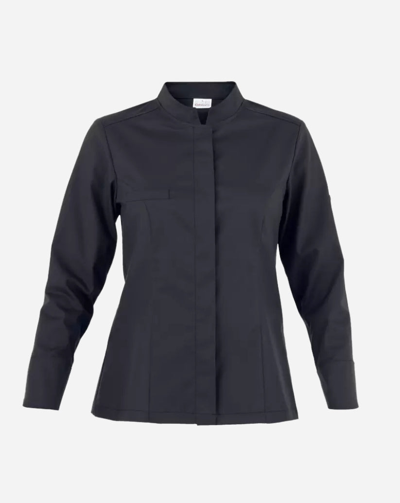 Giacca nera donna  in Tencel elasticizzato con collo coreano a squadra, abbottonatura nascosta, taschino e maniche con polso a camicia.