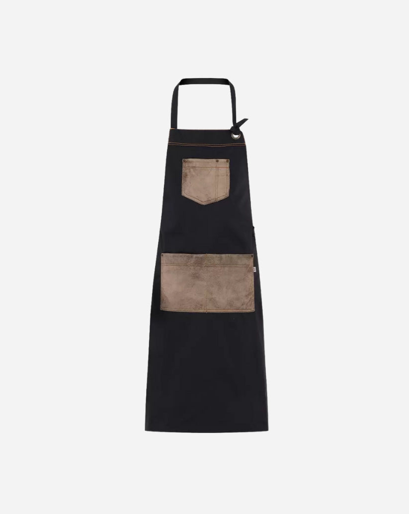 Grembiule con pettorina nero unisex con tasche in ecopelle marrone