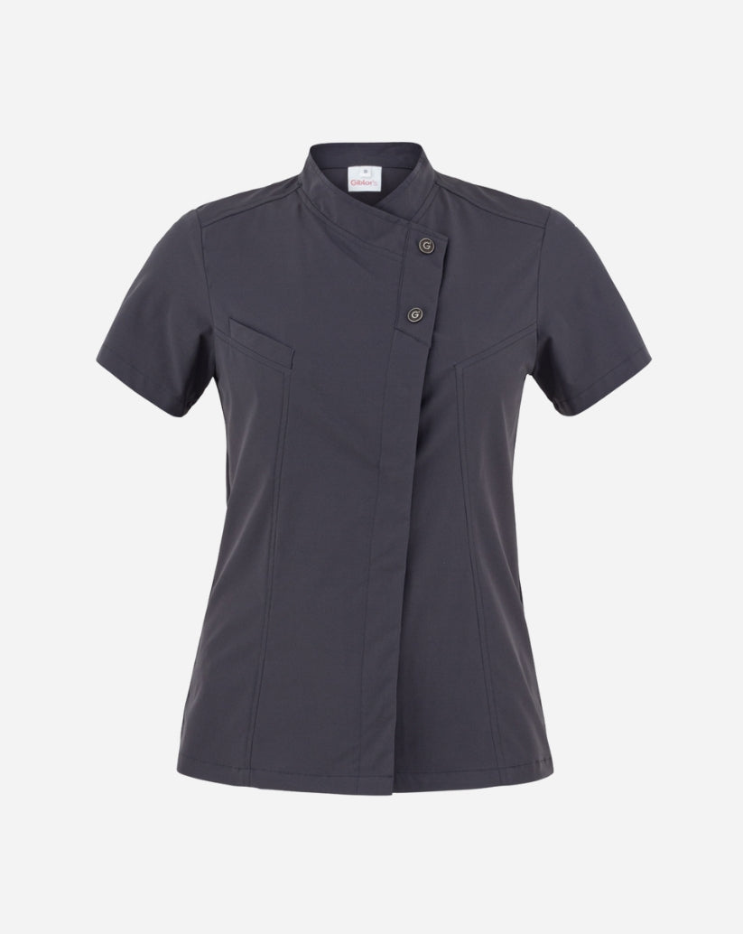 Giacca donna grigia in poliestere con collo alla francese, abbottonatura nascosta, maniche corte e pannello in rete posteriore.