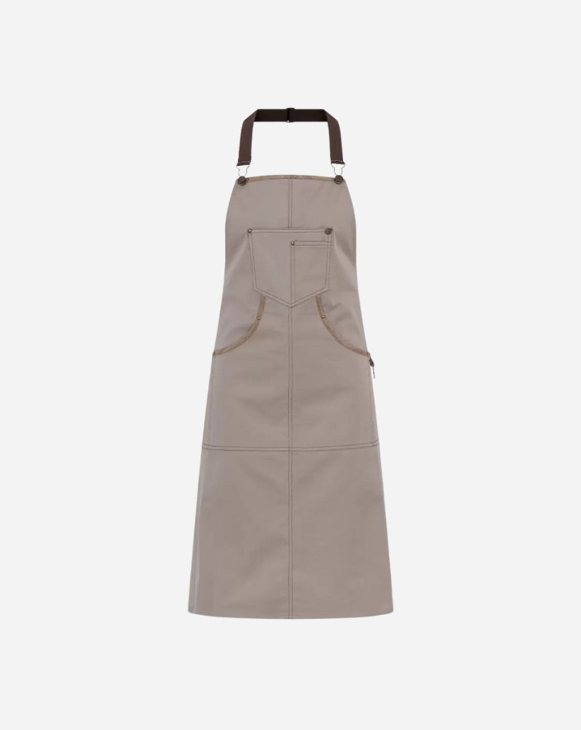 Grembiule unisex con pettorina regolabile tortora con profili tasche in ecopelle marrone