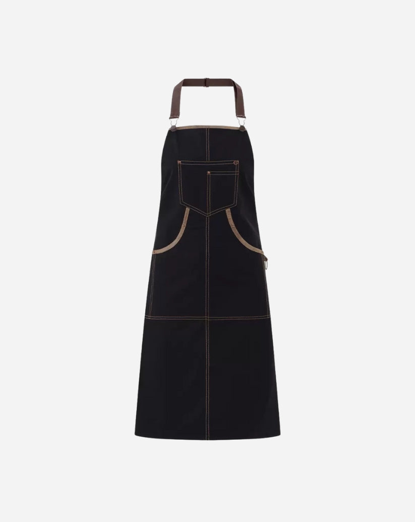 Grembiule unisex con pettorina regolabile nero con profili tasche in ecopelle marrone 