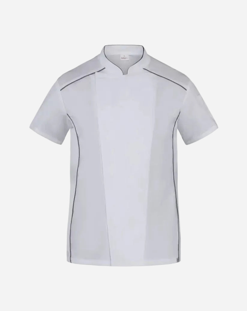 Giacca uomo bianca in cotone con piping grigio, collo alla coreana, maniche corte e inserti in maglia piqué.